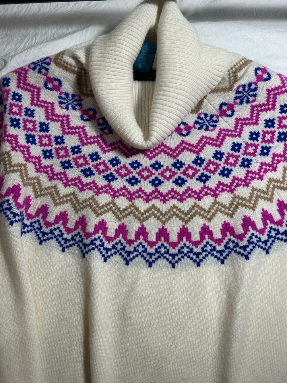 Charter Club Cream Turtleneck Sweater with Pink & Blue Fair Isle 100% Cashmere